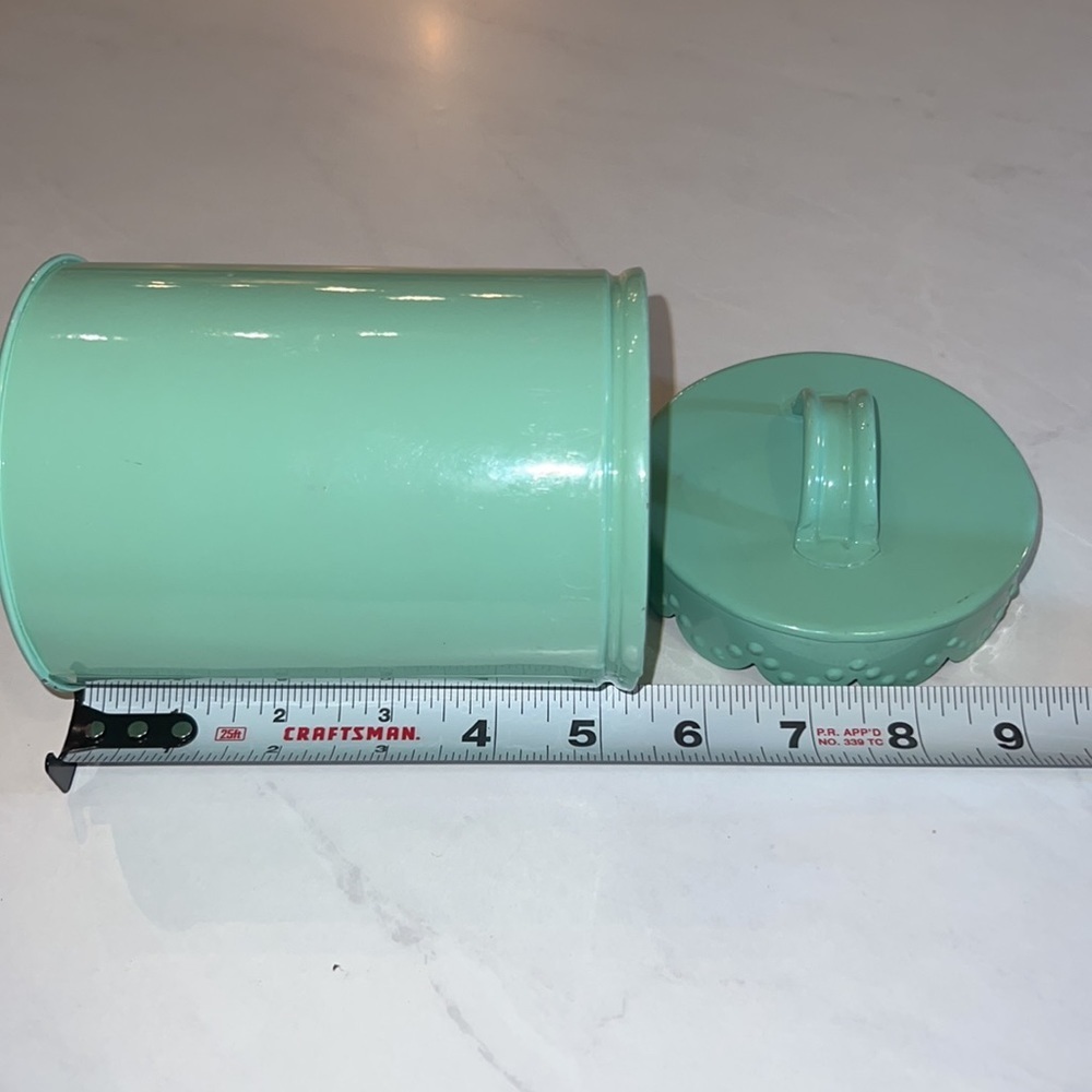 Mint green pastel green dainty metal canister with lid & lid holder 5.25” tall​​ - Picture 7 of 7